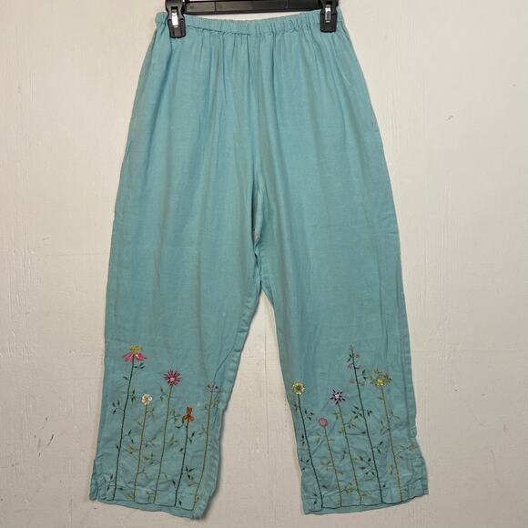 LA Blend 100% Linen Light Blue Embroidered Beaded Top Pants Set Size Medium - Picture 9 of 16